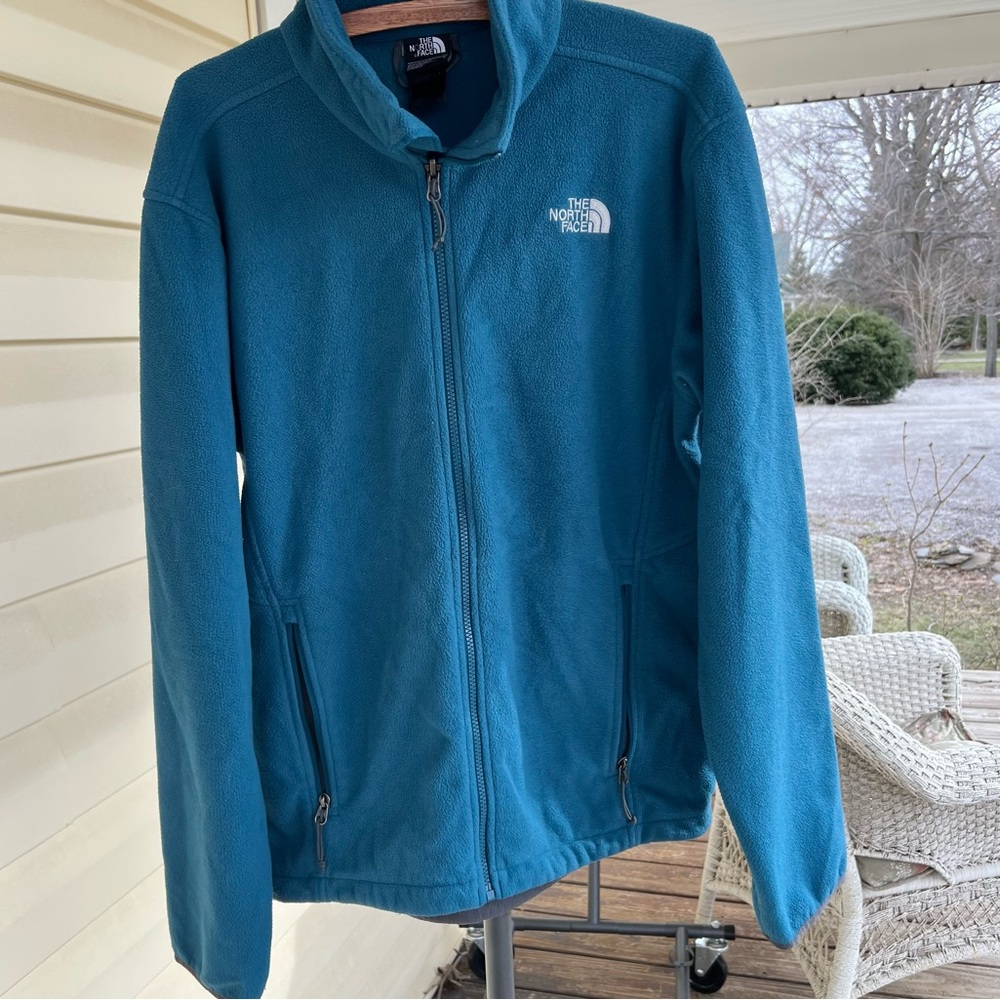 The North Face Blue Teal Full Zipup Fleece Jacket Mens Large Sweatshirt w LOGOS
